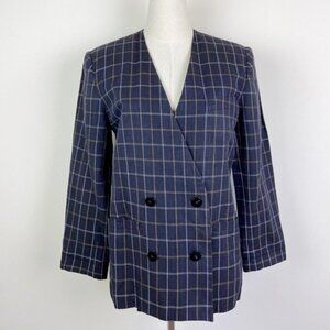 Vintage 90's Linen-Blend Plaid Double Breasted Blazer
